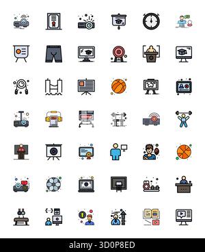 Professionelle Sammlung von 42 mit Linien gefüllten Vektorsymbolen, die Training darstellen, gefertigt mit einer optimierten Präzision von 256 x 256 Pixeln für Unternehmensanwendungen Stock Vektor