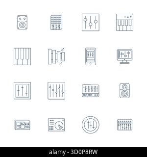 Komplettes Paket mit 16 Vektorsymbolen rund um die Soundkarte, das Thin Line Design in Retina Ready Pixel optimierter Qualität für moderne Benutzeroberfläche zeigt Stock Vektor