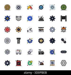 Meisterhaft erstellte 36 Vektorsymbole, die Machinery in Line gefülltes Design repräsentieren, mit einer optimierten Auflösung von 128x128 Pixeln für außergewöhnliche visuelle Darstellungen Stock Vektor