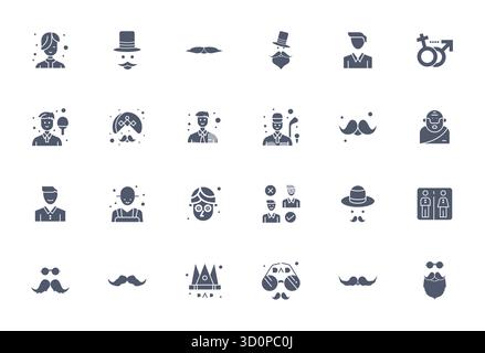 Umfassendes Paket mit 24 Vektorsymbolen im gefüllten Design für männlich, in gestochen scharfer Qualität mit 256 x 256 PIXELN. Stock Vektor
