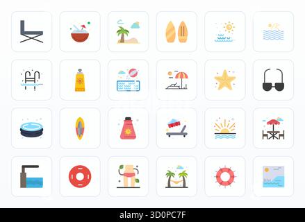 Sorgfältig gefertigte 24 flache Vektorsymbole für Beach, geliefert in Retina Ready editierbarer Qualität für kompromisslose Designstandards. Stock Vektor