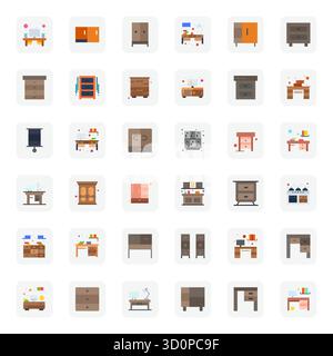 Vektorpaket mit 36 Symbolen mit flachem Gitter, inspiriert von Schubladen, geliefert in 256 x 256 Auflösung, ideal für skalierbare und kreative Designarbeiten. Stock Vektor