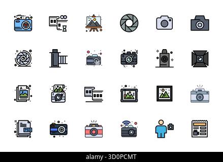 Dieser Satz von 24 Zeilen gefüllten Vektorsymbolen erfasst fotografische Themen in einer für 128x128 Pixel optimierten Qualität, perfekt für technische und geschäftliche Anwendungen. Stock Vektor