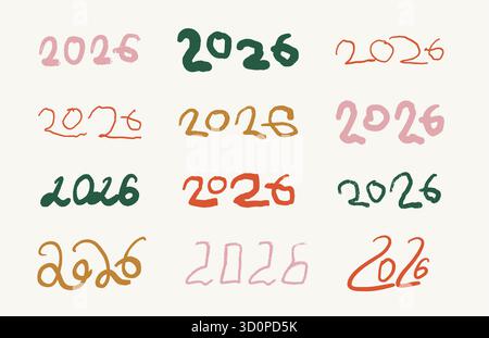 Hand gezeichneter Doodle 2026 Schriftzug im hellen Buntstift Stil mit verspielten bunten Zahlen, 2026 Kritzelkreide Zahlen für Neujahrsvektor.. Stock Vektor