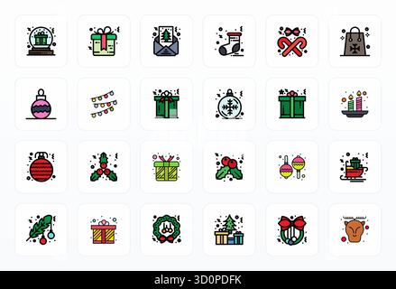 Sammlung von 24 erweiterten Vektorsymbolen mit gefülltem Liniendetail für Weihnachten im Format 256 x 256 für Klarheit und Vielseitigkeit. Stock Vektor