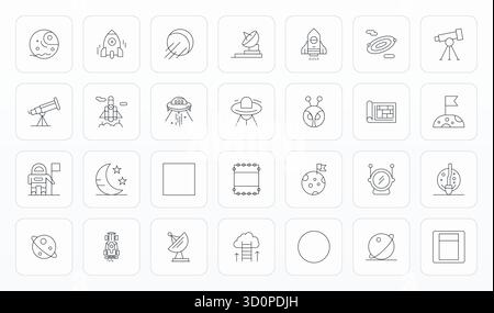 Strategisches Paket mit 28 Vektorsymbolen, die den Raum im Thin Line-Format darstellen, optimiert mit 256x256-Gitterqualität für professionelle Workflo-Anwendungen Stock Vektor