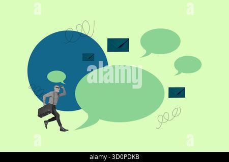 Collage von Personen, die über Geräte chatten, mit Sprechblasen Briefen, die das Konzept der digitalen Kommunikation im geschäftlichen Privatleben zeigen Stockfoto