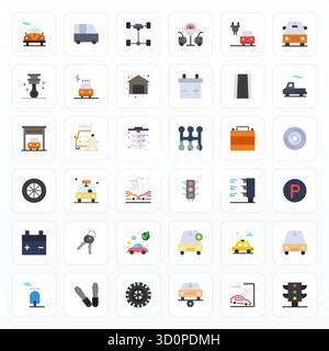 Dieses Vektor-Icon-Paket für Automobile enthält 36 flache Designs im Format Retina Ready Display Perfect, perfekt für die Verbesserung digitaler Schnittstellen. Stock Vektor