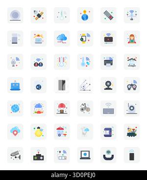 Ein dynamischer Satz von 42 Vektorsymbolen in flacher Ausführung, speziell für die Fernbedienung mit Retina Ready Display, perfekt für digitale Produkte geeignet. Stock Vektor