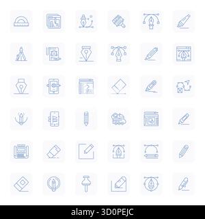 Dieses Vektor-Symbolpaket für Zeichenwerkzeuge enthält 36 Designs mit normaler Fettkontur im Format 64x64 Pixel, perfekt für die Verbesserung digitaler Schnittstellen. Stock Vektor