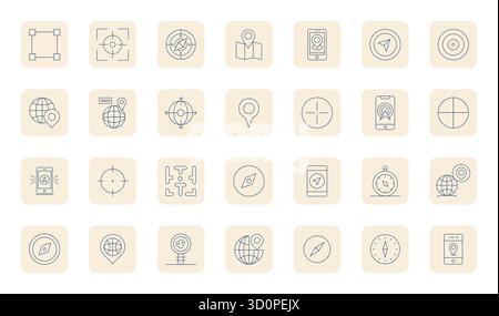 Ein vielseitiger Satz von 28 dünnen, detaillierten Vektorsymbolen mit Fokus auf Positionierung, geliefert im gestochen scharfen Format 128 x 128, ideal für mobile Anwendungen und Web-Apps Stock Vektor