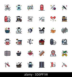 Erweiterte Sammlung von 36 Detail Enhanced Vektorsymbolen, inspiriert von Medikamenten, in Reihe gefertigt mit High Resolution Optimization für überragende visuelle Qualität Stock Vektor