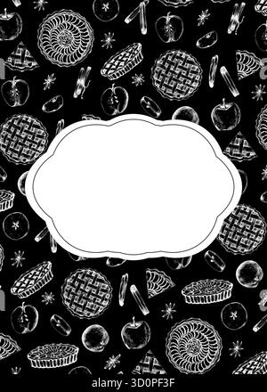 Vorgefertigtes Kartendesign mit Tinte gezeichneten Apfelkuchen, Äpfeln und Scheiben, Zimtstangen und Sternanis auf schwarzem Hintergrund. Bäckerei Essen Clipart. Handgezeichnet Stockfoto