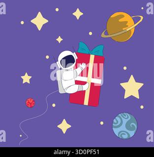 Ein Astronaut feiert fröhlich im Weltraum mit lebendigen Planeten und Geschenken und strahlt Abenteuer aus Stock Vektor
