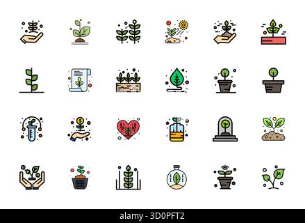 Sorgfältig kuratierte 24 Flat Line gefüllte Vektorsymbole für Sämlinge, mit hochauflösender Pixel-optimierter Auflösung für konsistente Markendarstellung Stock Vektor