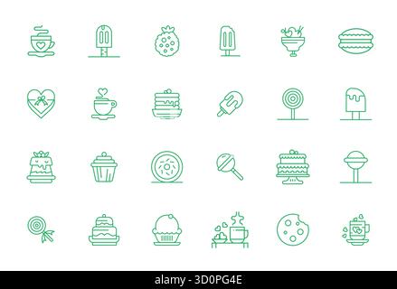 Optimierter Satz von 24 Vektorsymbolen für Sweet Treat in Bold Line Ästhetik mit hochauflösender PIXELAUFLÖSUNG für nahtlose Benutzererfahrung Stock Vektor