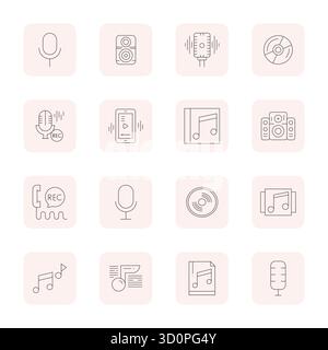 Die ultimative Sammlung von 16 Vektorsymbolen, die Digital Audio in schlanker Form darstellen, optimiert mit einer ausgerichteten Auflösung von 64x64 Pixeln für eine maximale Auflösung Stock Vektor
