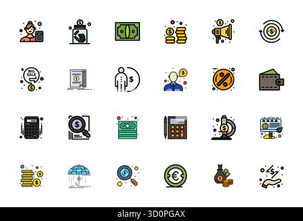 Verwandeln Sie Ihre Designs mit 24 Vektorsymbolen mit flacher Linie, die sich um Budget kümmern. Die bearbeitbare Auflösung von 256 x 256 sorgt für maximale Klarheit. Stock Vektor