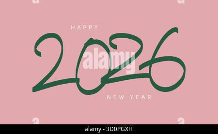 Neujahrskarte mit 2026 Doodle-Schriftzug und farbenfroher Buntstift-2026-Schriftzug, verspielter handgezeichneter Stil für Neujahrs- und weihnachtsstimmung. Rosafarbenes Backgro Stock Vektor