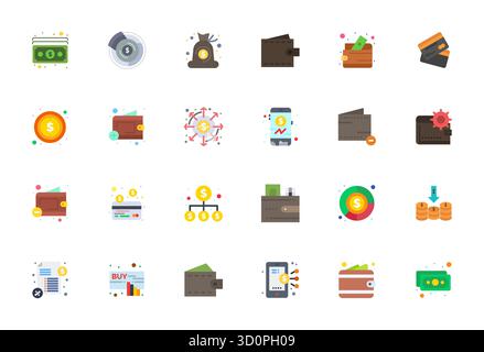 Verwandeln Sie Ihre Designs mit 24 flachen Vektorsymbolen, die sich um Ausgaben kümmern, in einer optimierten Auflösung von 128x128 Pixeln für maximale Klarheit. Stock Vektor