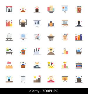 Innovatives Paket mit 36 Vektorsymbolen rund um das Podium, mit flachem Design im erweiterten Format 64x64 für moderne digitale Lösungen. Stock Vektor