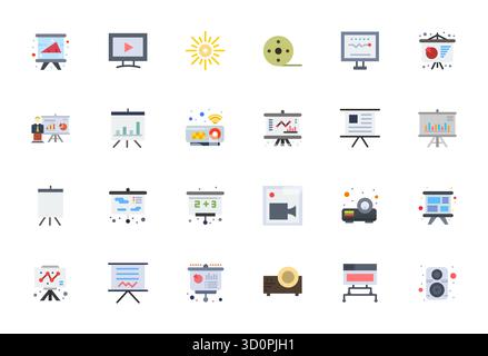 Die ultimative Sammlung von 24 Vektorsymbolen, die den Projektor in flacher Ästhetik darstellen, optimiert mit Retina Ready-Auflösung für maximale Wirkung. Stock Vektor