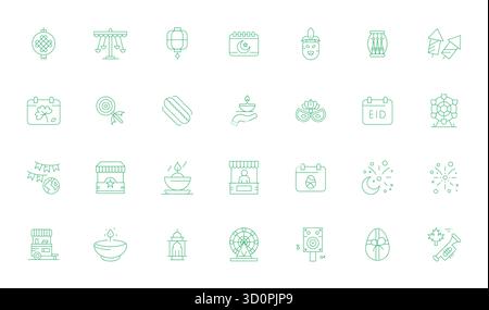 Optimieren Sie Ihre Projekte mit 28 Thin Line Vektorsymbolen rund um das Festival mit Retina Ready Display mit perfekter Auflösung, ideal für saubere und professionelle Anwendungen Stock Vektor