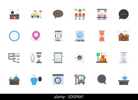 Innovatives Paket mit 24 Vektorsymbolen rund um das Warten, mit flachem Design im Format 64x64 Display, das perfekt für moderne digitale Lösungen geeignet ist. Stock Vektor