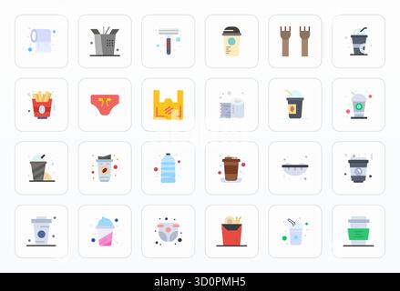 Essential Pack mit 24 Vektorsymbolen für Einmalgebrauch im flachen Format, Größe 64x64 für optimale Leistung und Skalierbarkeit. Stock Vektor