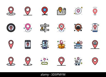 Eine übersichtliche Sammlung von 24 Zeilen gefüllten Vektorsymbolen, die die Position Pin darstellen, im Retina Ready PIXEL Perfect Format für moderne Dashboards und i Stock Vektor