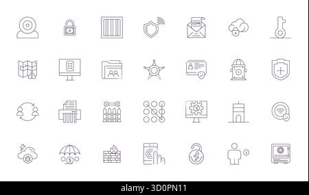 Ausgeklügeltes Paket mit 28 Thin Line Vektorsymbolen für Sicherheit, entwickelt mit 256 x 256 PIXEL perfekter Klarheit für professionelle Anwendungen. Stock Vektor