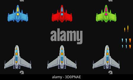 Pixelart-Vektor-Set aus farbenfrohen Raumschiffen mit Neigepositionen, Aufnahmen und Thruster-Animationen. Stock Vektor