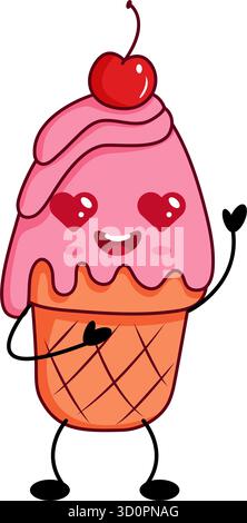 Im Vintage-Stil gehaltene Kawaii-Eiskegel mit sanften Farben und fröhlicher Stimmung, perfekt für Sommerverpackungen oder niedliche Branding-Elemente. Stock Vektor
