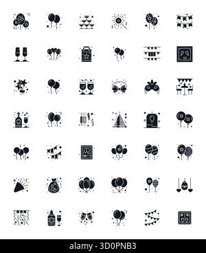 Set aus 42 bearbeitbaren Vektorsymbolen, die sich um Partyzubehör drehen, in einer Auflösung von 128x128 für eine nahtlose Integration in Apps und Websites. Stock Vektor