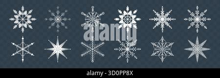 Schneeklikonen, Vektor flache Schneeflocken Schneekristalle Ikonen, Zeichen der Winter- und Weihnachtsfeiertage, Ornament der gefrorenen Schneeflocken Stock Vektor