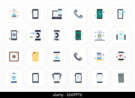 Zeitgenössische Sammlung von 24 Vektorsymbolen, die ein Mobiltelefon in flacher Ästhetik darstellen, mit 256 x 256 Pixel optimierter Auflösung für moderne Anwendungen Stock Vektor