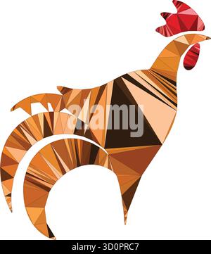 Abstraktes polygonales Hahnendesign mit geometrischen Dreiecken in warmen Orange- und Brauntönen, rotem Kamm und minimalistischem, modernem Stil. Stock Vektor