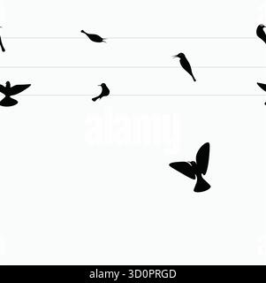 Minimale Vögel sitzen auf Draht Illustration mit eleganten schwarzen Silhouetten, friedlichem Naturdesign perfekt für moderne Wandkunst, Hintergründe und Dekor Stock Vektor
