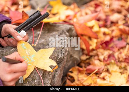 Hand mit gelbem Ahornblatt, auf dem „Happy New Year 2026“ steht – Herbstgrußkonzept Stockfoto
