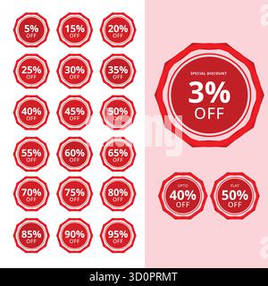 Rote Rabattabzeichen mit prozentualen Etiketten von 3% bis 95% Rabatt, Aufkleber für Werbeangebote für Marketing, Einzelhandel und E-Commerce-Werbung Stock Vektor