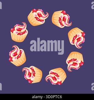 Kreisförmiges Arrangement von dekoriertem Cupcake mit Zuckerguss und Herzdekoration auf lila Hintergrund in flacher Art. Stock Vektor