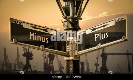 Ein Bild mit einem Wegweiser, der in zwei verschiedene Richtungen auf Deutsch zeigt. Eine Richtung zeigt auf Plus, die andere auf Minus. Stockfoto