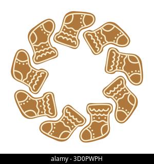 Lebkuchenstrümpfe sind kreativ in einem kreisförmigen Muster angeordnet und präsentieren ihre farbenfrohe Glasur und festliche Designs. Dieses festliche Dekor ist ein weiterer Vorteil Stock Vektor