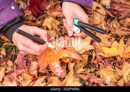 Hand mit gelbem Ahornblatt, auf dem „Happy New Year 2026“ steht – Herbstgrußkonzept Stockfoto