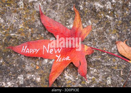 Happy New Year 2026 auf rotem Ahornblatt geschrieben – Herbstgrußkonzept. Künstlerisches Foto eines roten Ahornblattes mit Text Happy New Year 2026 Stockfoto