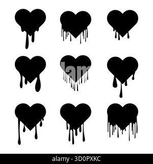 Set mit tropfenden Herzsilhouetten. Perfekt für Logos, Aufkleber, Gothic-Kunst, romantische Designs oder Valentinstag mit dunkler oder alternativer Ästhetik. Stock Vektor