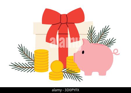 Schweinebank und Weihnachtsgeschenk; symbolisiert das Konzept der teuren Feiertage, der festlichen Ausgaben und der Finanzplanung während der Weihnachtszeit Stock Vektor