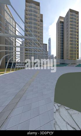 3D-Gebäude in der Stadt bei Nacht Stockfoto