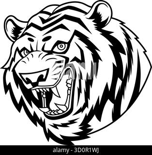 Wütender Tiger Maskottenkopf Roaring Schwarz Und Weiß - Vektor Hand Gezeichnete Illustration Isoliert Auf Transparentem Hintergrund Stock Vektor