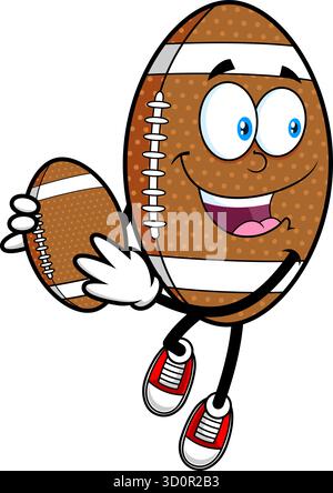 American Football Maskottchen Hält Kleineren Fußball Und Lächelnd - Vektor Hand Gezeichnete Illustration Isoliert Auf Transparentem Hintergrund Stock Vektor